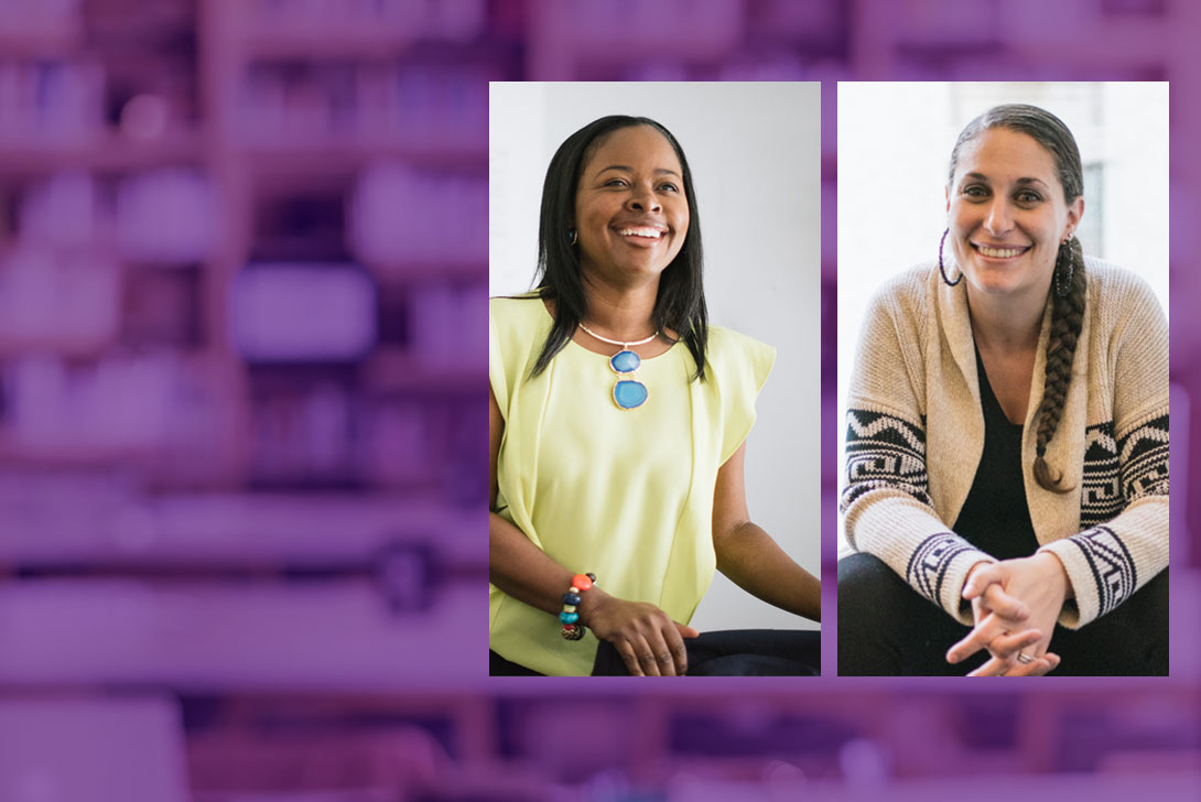 Image of Professor Ayanna Taylor and Professor Heather Woodley on a purple background