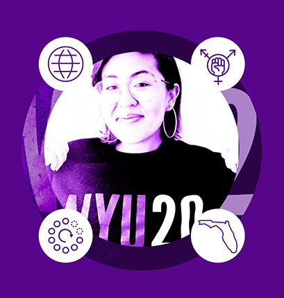NYU Teacher Resident Stephanie Melendez with four icons representing her advocacy work, residency site state of Florida, community organizer experience, and history content area.