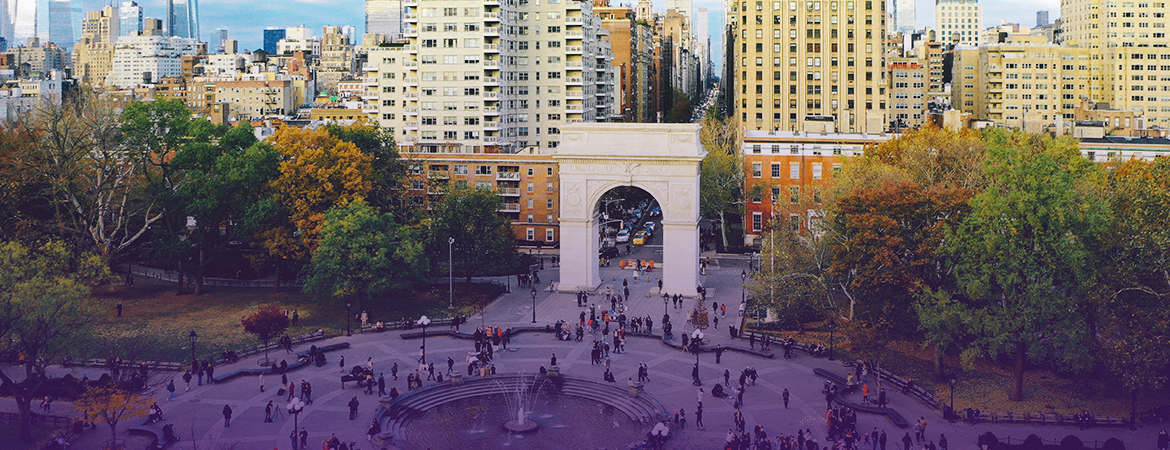 The NYU campus seen from above with student walking between the campus buildings.