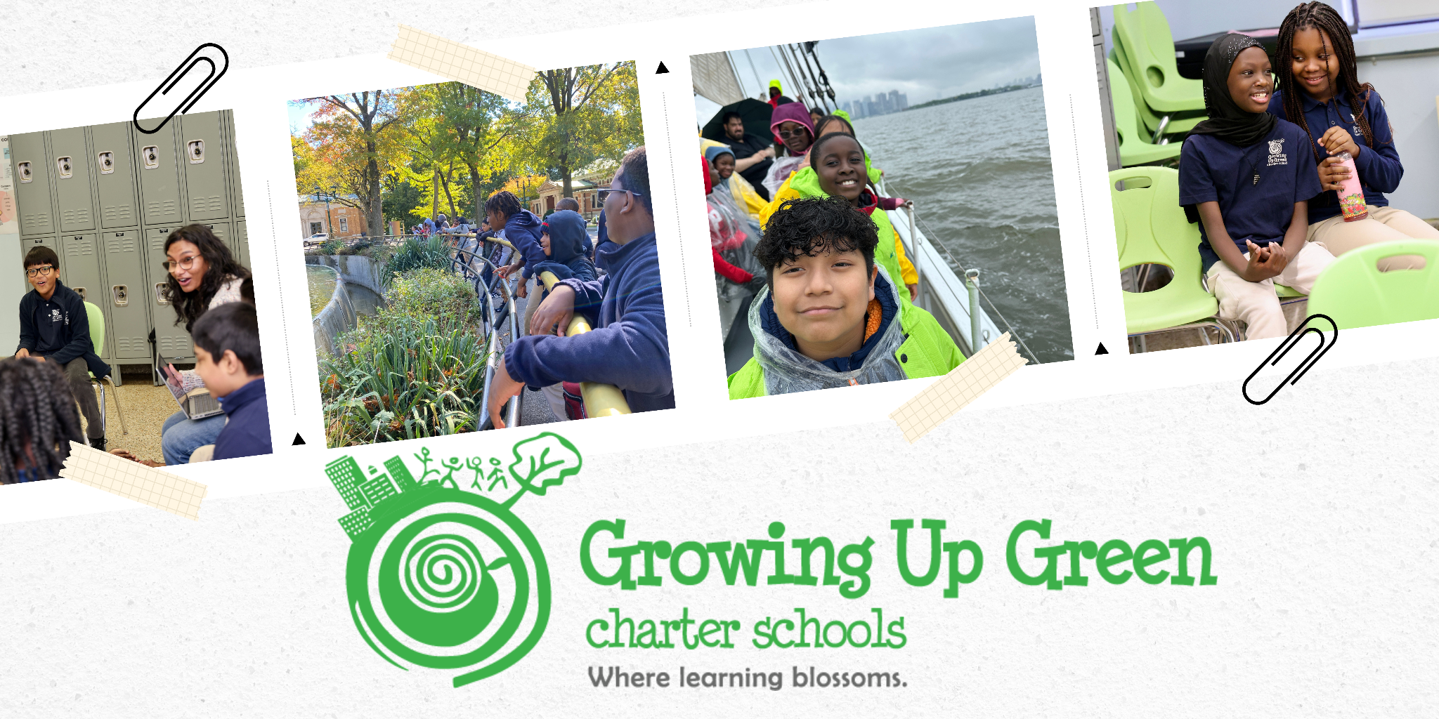A photo collage of students attending Growing Up Green charter schools.